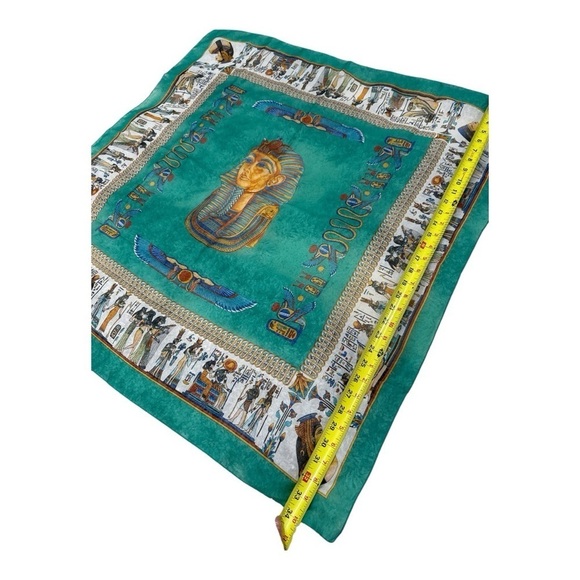 EGYPT Souvenir Silky Scarf Gorgeous Turquoise& Yellow Tutankhamun 34” Square - Picture 9 of 10